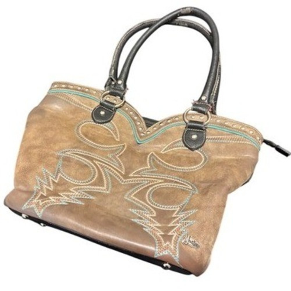 Justin Boots Brown Leather Shoulder Bag with Turquoise Stitching